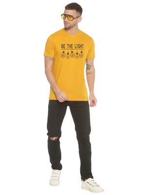 Yellow Printed Cotton Knitted Stretch Men Tshirts 4