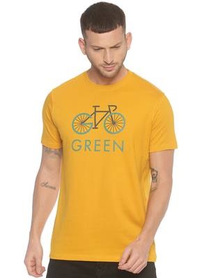 Yellow Printed Cotton Knitted Stretch Men Tshirts 1