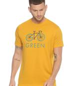 Yellow Printed Cotton Knitted Stretch Men Tshirts