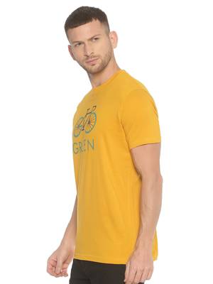 Yellow Printed Cotton Knitted Stretch Men Tshirts 3