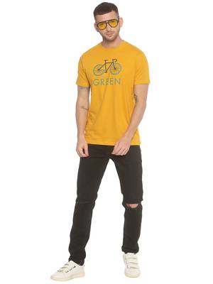Yellow Printed Cotton Knitted Stretch Men Tshirts 4