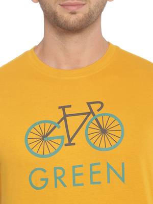 Yellow Printed Cotton Knitted Stretch Men Tshirts 5