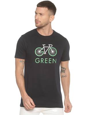 Black Printed Cotton Knitted Stretch Men Tshirts 1