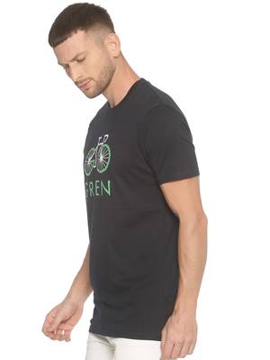 Black Printed Cotton Knitted Stretch Men Tshirts 3