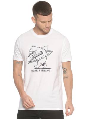 White Printed Cotton Knitted Stretch Men Tshirts 1