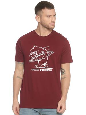 Maroon Printed Cotton Knitted Stretch Men Tshirts 1