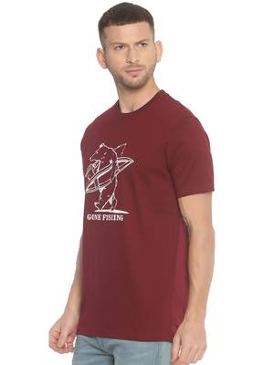 Maroon Printed Cotton Knitted Stretch Men Tshirts 3