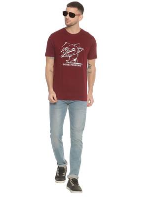 Maroon Printed Cotton Knitted Stretch Men Tshirts 4
