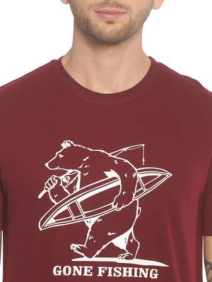 Maroon Printed Cotton Knitted Stretch Men Tshirts 5