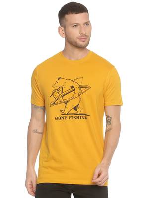 Yellow Printed Cotton Knitted Stretch Men Tshirts 1
