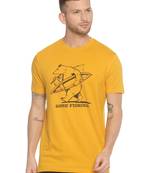 Yellow Printed Cotton Knitted Stretch Men Tshirts