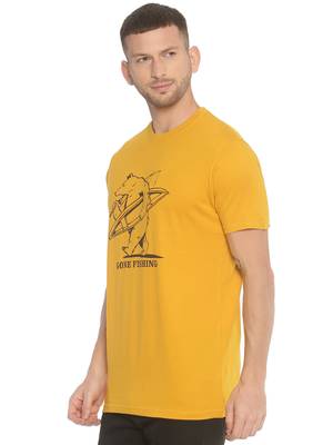 Yellow Printed Cotton Knitted Stretch Men Tshirts 3