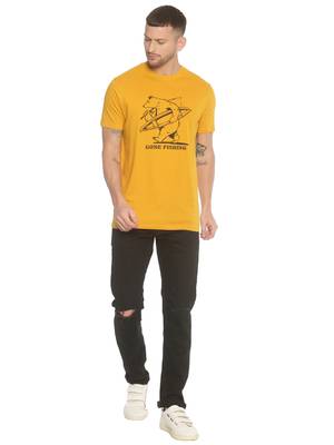 Yellow Printed Cotton Knitted Stretch Men Tshirts 4