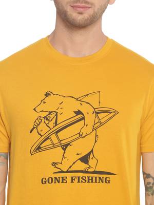 Yellow Printed Cotton Knitted Stretch Men Tshirts 5