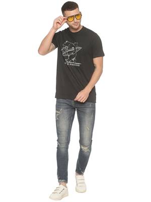 Dark Grey Printed Cotton Knitted Stretch Men Tshirts 4