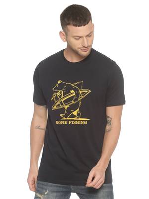 Black Printed Cotton Knitted Stretch Men Tshirts 1