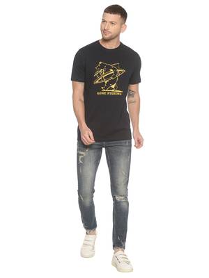 Black Printed Cotton Knitted Stretch Men Tshirts 4
