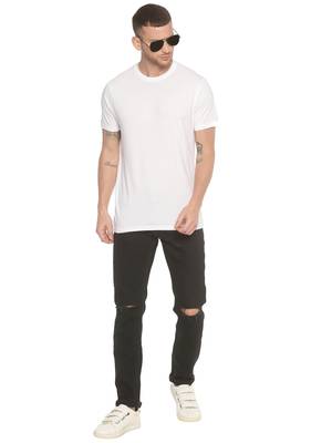 White Plain Cotton Knitted Stretch Men Tshirts 4