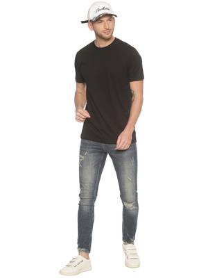 Black Plain Cotton Knitted Stretch Men Tshirts 4
