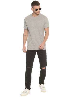 Grey Plain Cotton Knitted Stretch Men Tshirts 4