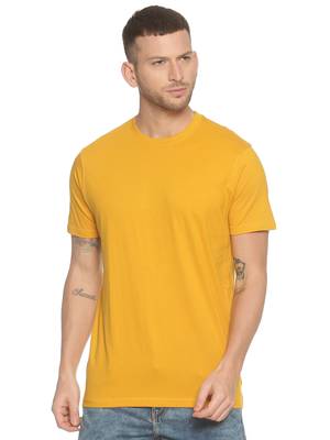 Yellow Plain Cotton Knitted Stretch Men Tshirts 1