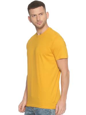 Yellow Plain Cotton Knitted Stretch Men Tshirts 3