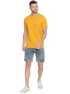 Yellow Plain Cotton Knitted Stretch Men Tshirts 4