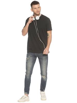 Black Plain Cotton Knitted Stretch Men Tshirts 4