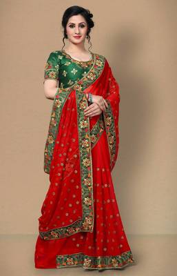 Red Women's Faux Georgette Designer Embroidery Saree With Blouse 1