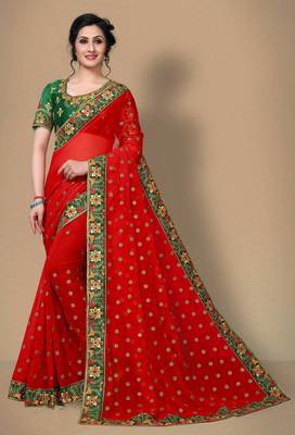 Red Women's Faux Georgette Designer Embroidery Saree With Blouse 2