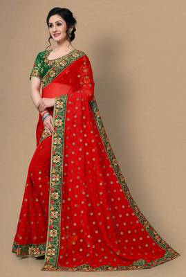 Red Women's Faux Georgette Designer Embroidery Saree With Blouse 3