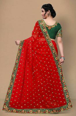 Red Women's Faux Georgette Designer Embroidery Saree With Blouse 4