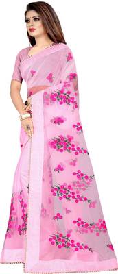 Light Pink Women's Net Designer Embroidery Saree With Blouse 2