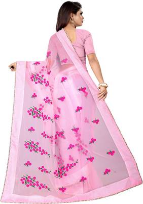 Light Pink Women's Net Designer Embroidery Saree With Blouse 3