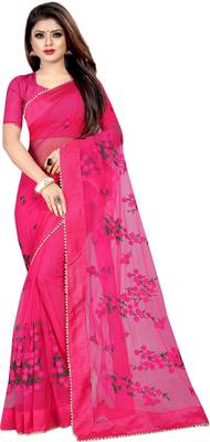 Dark Red Women's Net Designer Embroidery Saree With blouse 1