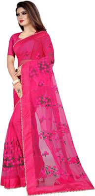 Dark Red Women's Net Designer Embroidery Saree With blouse 2