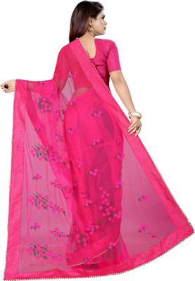 Dark Red Women's Net Designer Embroidery Saree With blouse 3