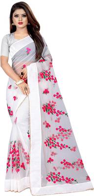 White Women's Net Designer Embroidery Saree With Blouse 1