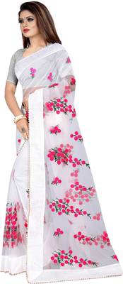 White Women's Net Designer Embroidery Saree With Blouse 2