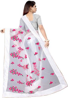 White Women's Net Designer Embroidery Saree With Blouse 3