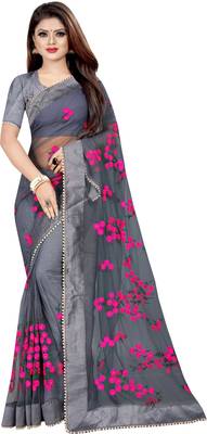 Grey Women's Net Designer Embroidery Saree With Blouse  1