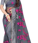 Grey Women's Net Designer Embroidery Saree With Blouse 