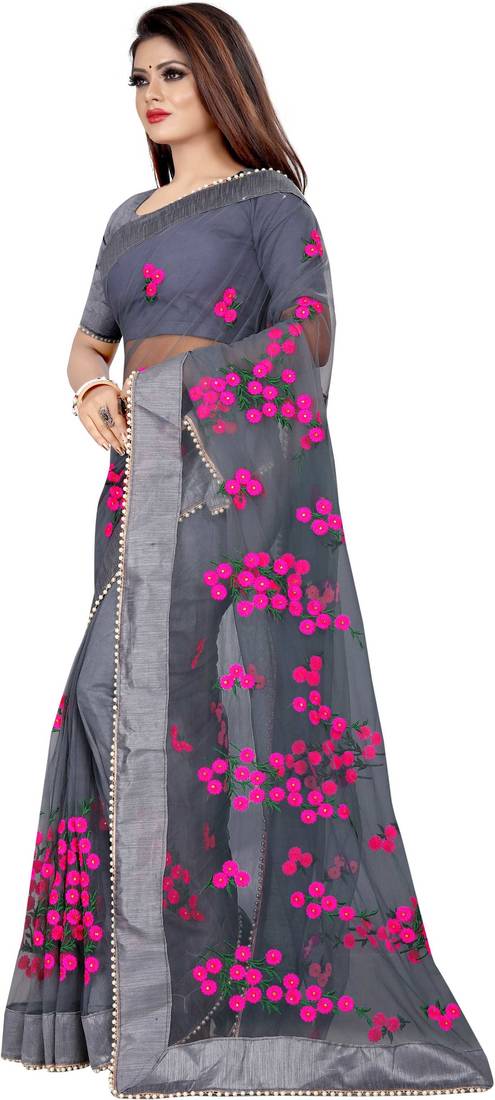 Grey Women's Net Designer Embroidery Saree With Blouse 