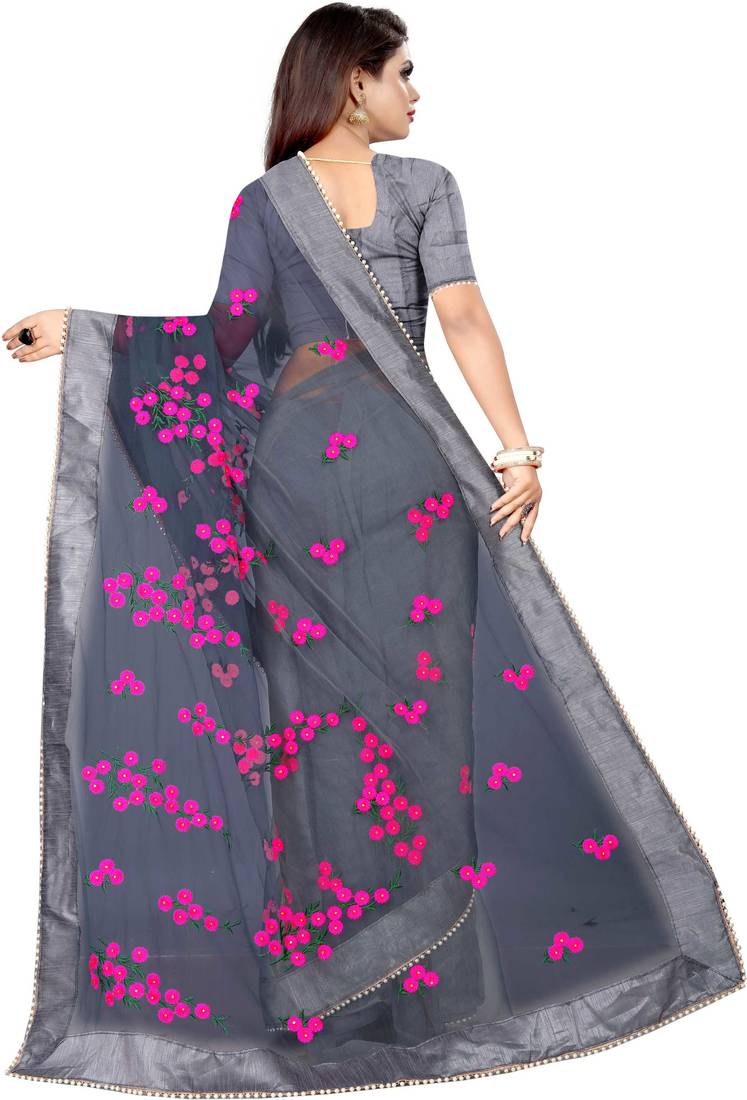 Grey Women's Net Designer Embroidery Saree With Blouse 