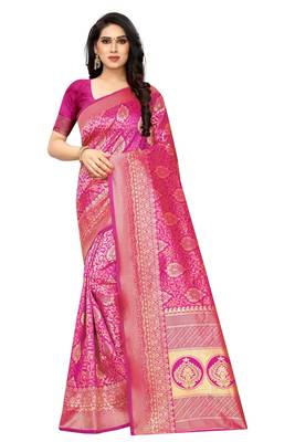 Pink woven jacquard saree with blouse 1