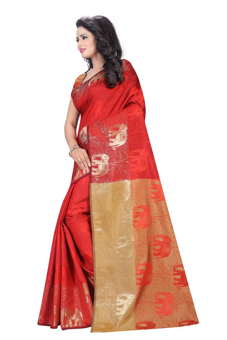 Red Women's New Jacquard Silk Designer Saree With Blouse