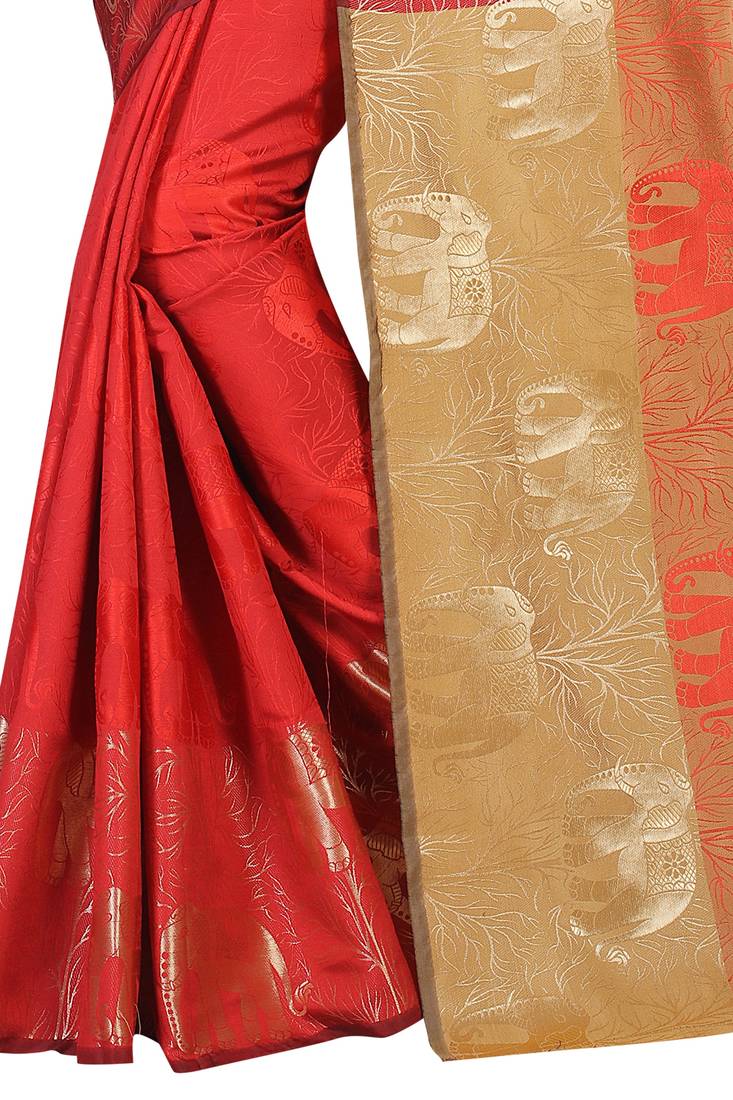 Red Women's New Jacquard Silk Designer Saree With Blouse