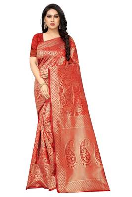 Red woven jacquard saree with blouse 1