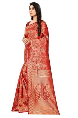 Red woven jacquard saree with blouse 2