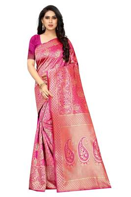 Pink woven jacquard saree with blouse 1